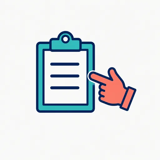 A clipboard with a list and a small pointing hand.