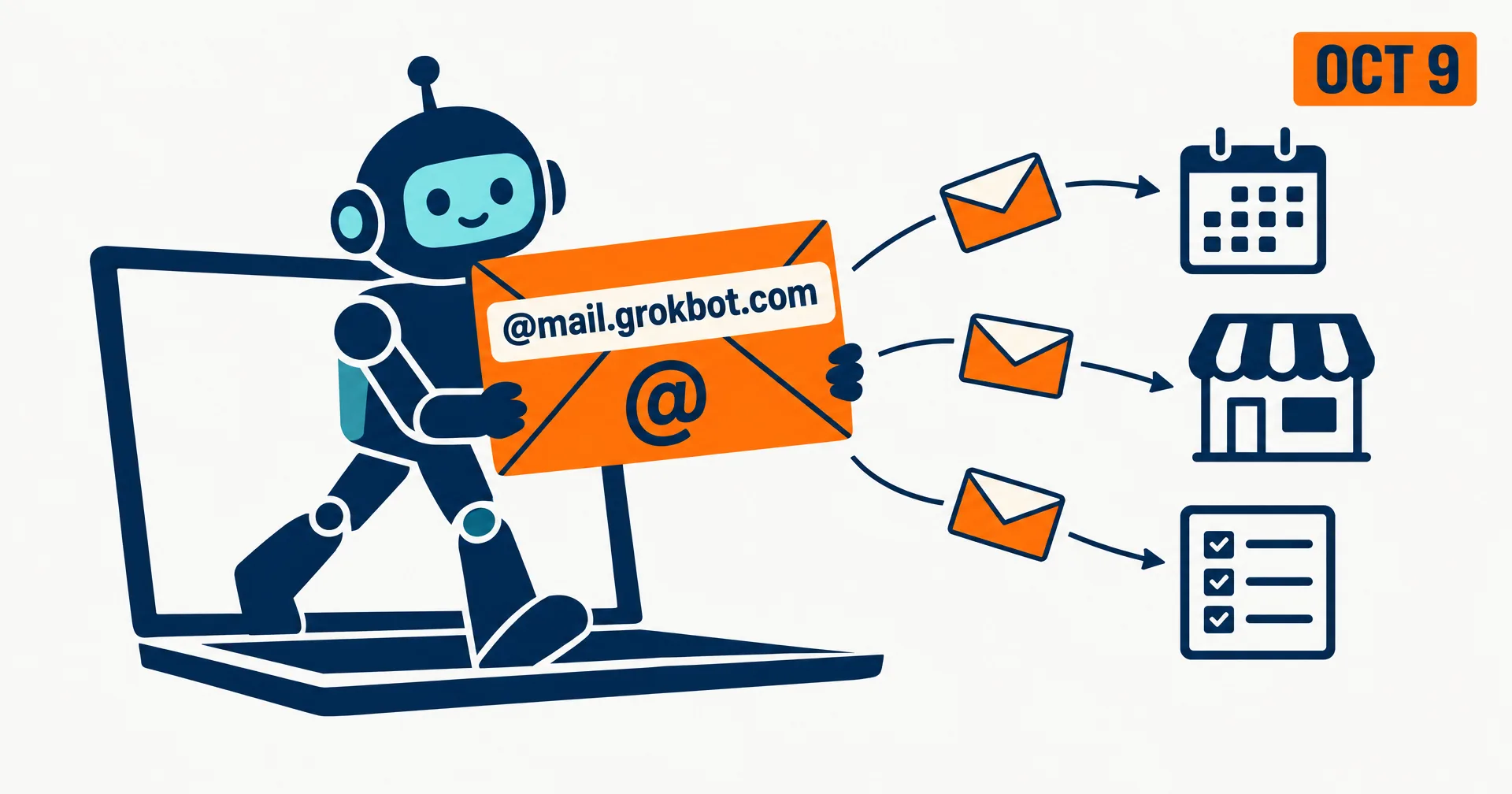 Editorial illustration on a near-white ground: a robot steps out of a laptop holding a large orange envelope labeled @mail.grokbot.com, while three smaller envelopes fly toward a calendar, a storefront and a sign-up checklist, with an OCT 9 tag in the corner