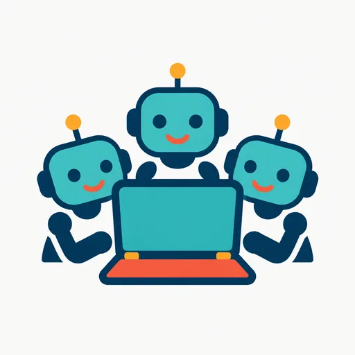 Three robots around one laptop: Bots sharing one computer.