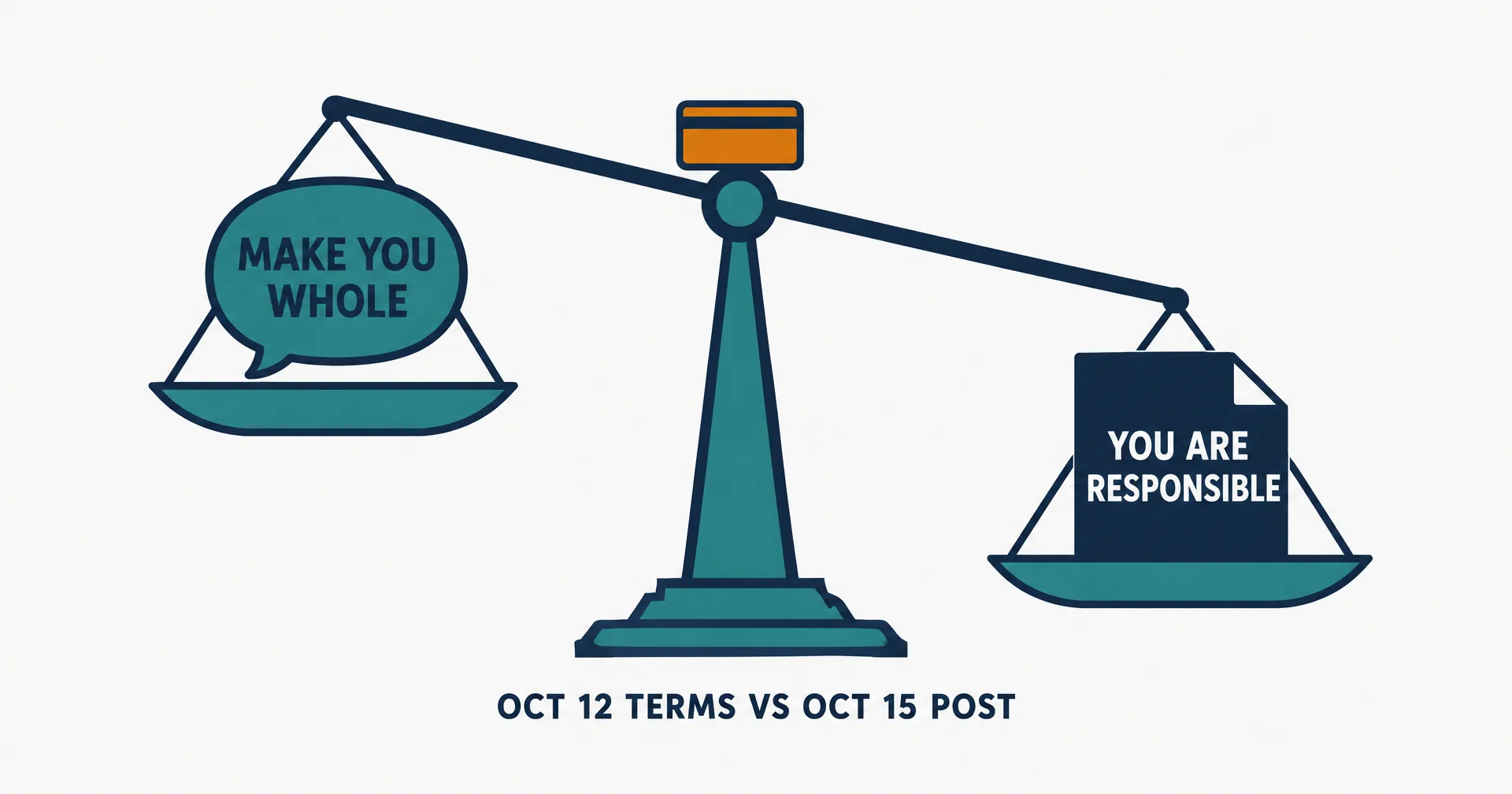 Flat infographic: a balance scale with a teal speech bubble reading make you whole on the lighter pan and a navy contract page reading you are responsible on the heavier pan, an amber credit card on the pivot, captioned Oct 12 terms vs Oct 15 post.
