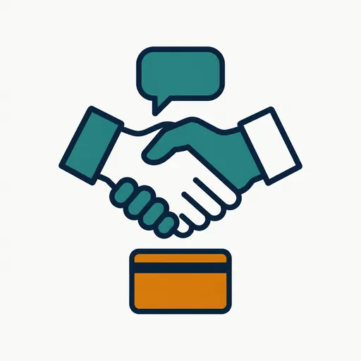 A handshake over a credit card, with a small speech bubble above it.