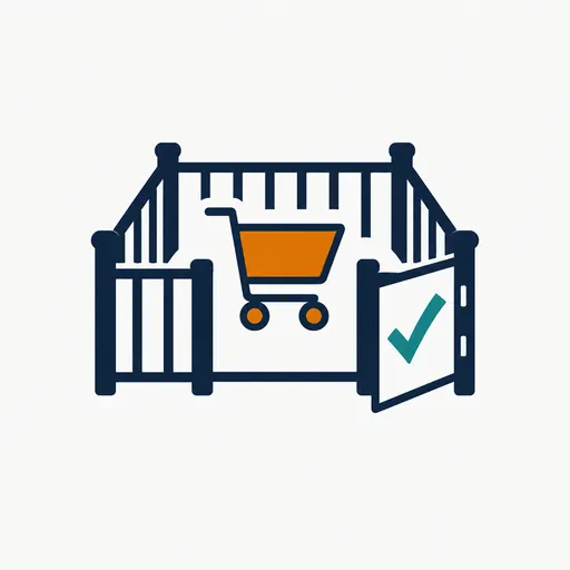 A fence around a shopping cart, with a gate marked by a check mark.