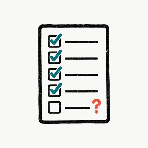 A checklist card with five boxes, four ticked and one left open.