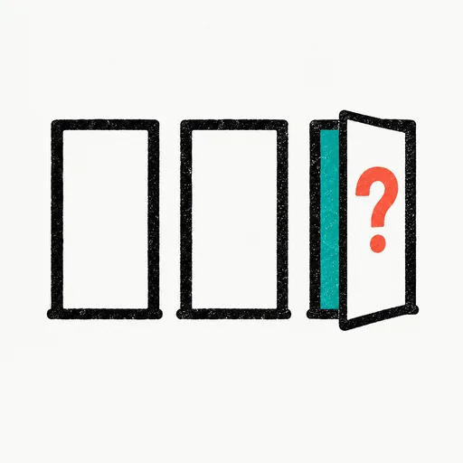 Three doors in a row; the third is marked with a question mark and stands slightly open.