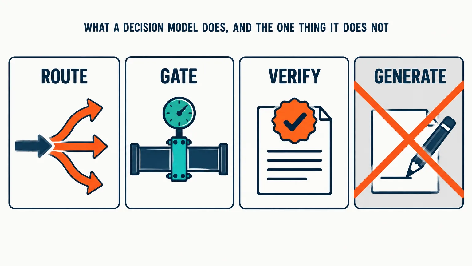 Three panels labelled ROUTE, GATE, VERIFY with small diagrams, and a fourth greyed panel labelled GENERATE with a cross