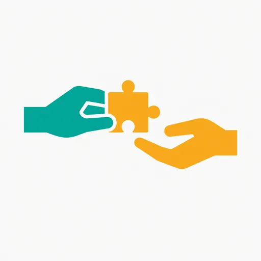 Two hands passing a puzzle piece.