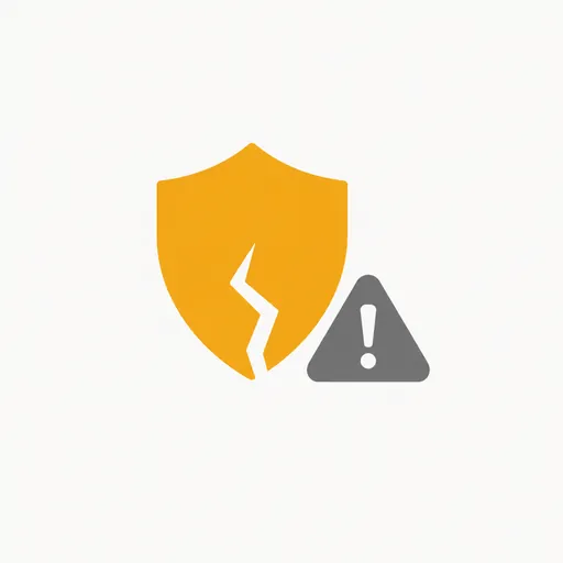 A cracked shield beside a warning sign.