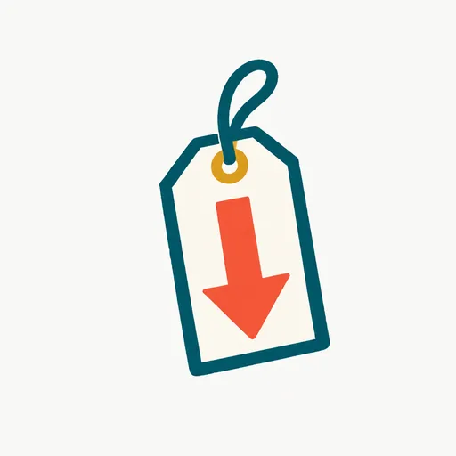 A hanging price tag with a downward arrow on its face, standing for a price cut.