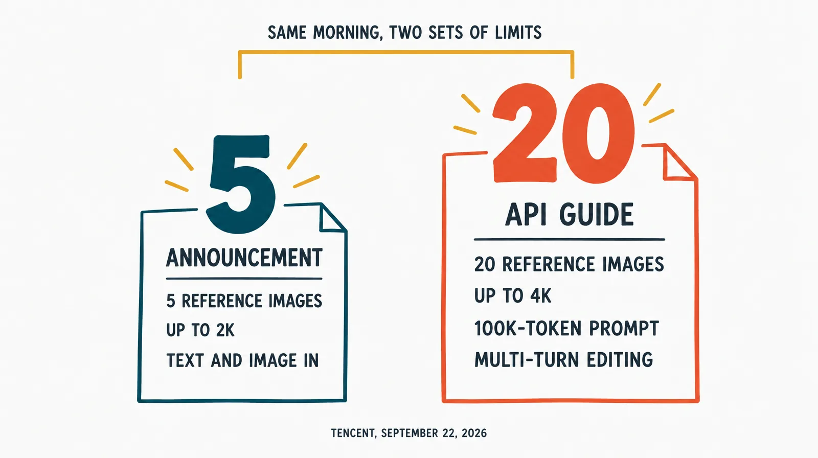 Two spec sheets side by side: a small announcement sheet reading five reference images and 2K, a large API guide sheet reading twenty reference images, 100k-token prompt and 4K