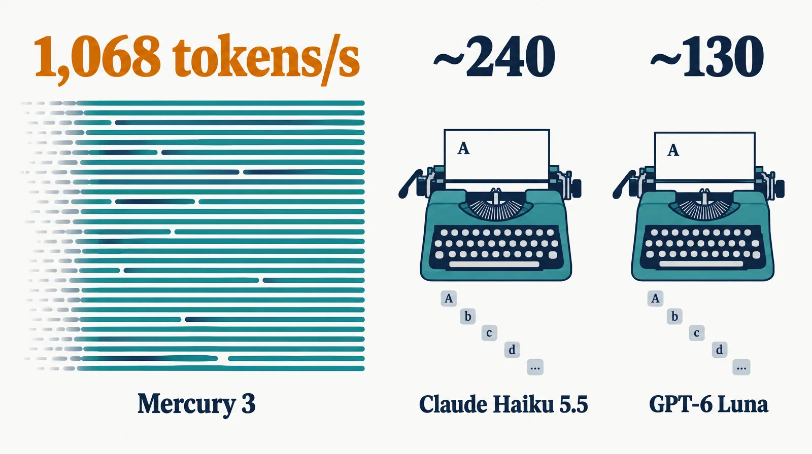 Data illustration on a near-white ground: a whole teal paragraph sharpening at once, labeled Mercury 3, beside two typewriters printing letter by letter labeled Claude Haiku 5.5 and GPT-6 Luna, under the figures 1,068 tokens/s, ~240 and ~130