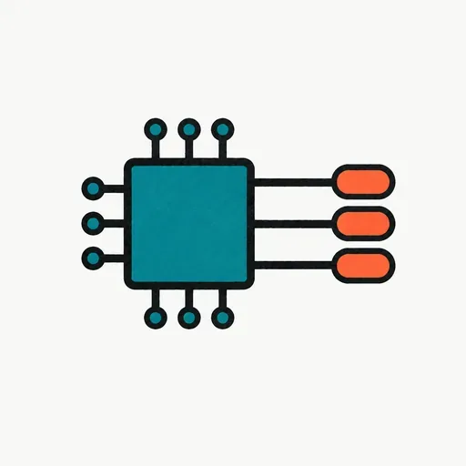 A circuit chip with three typed tags running out of its side: decisions out, not text.