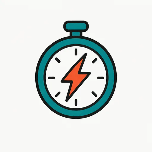 A stopwatch with a lightning bolt across its face: the speed and cost claims.