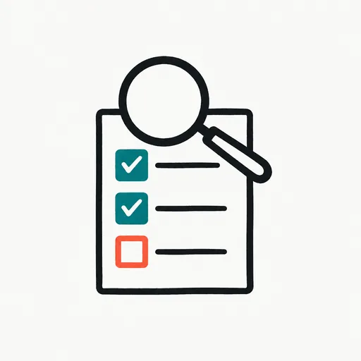 A magnifying glass over a short checklist with one item unchecked: the developer tests.