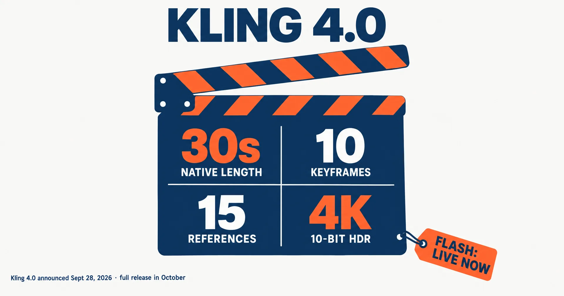 Editorial data illustration on a near-white ground: a blue film clapperboard under the headline Kling 4.0, its slate split into four cells reading 30s native length, 10 keyframes, 15 references and 4K 10-bit HDR, with an orange tag reading Flash: live now