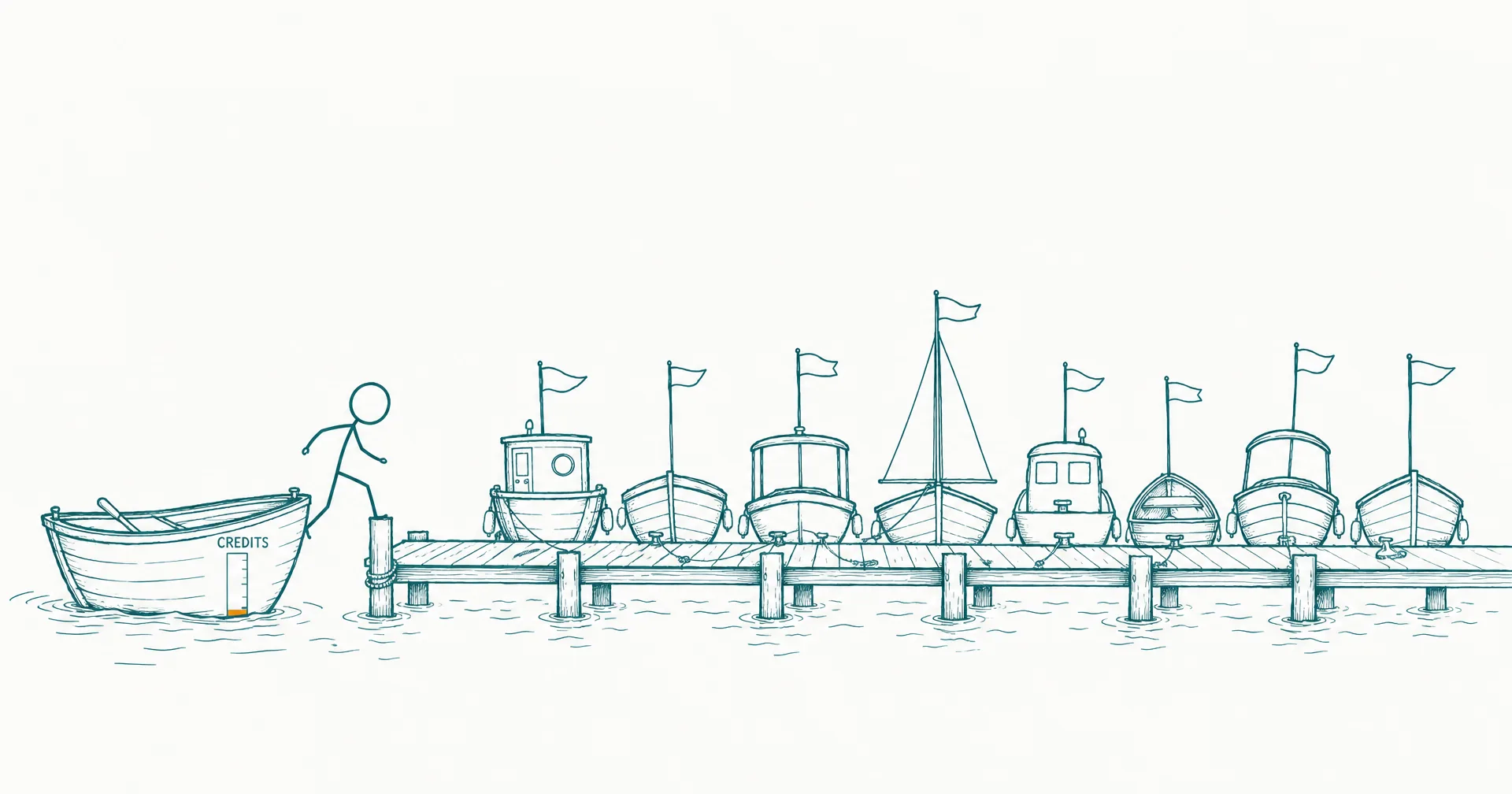 Hand-drawn sketch of a person stepping from a small wobbly boat with a drained credit meter onto a dock lined with eight boats, each flying a different flag