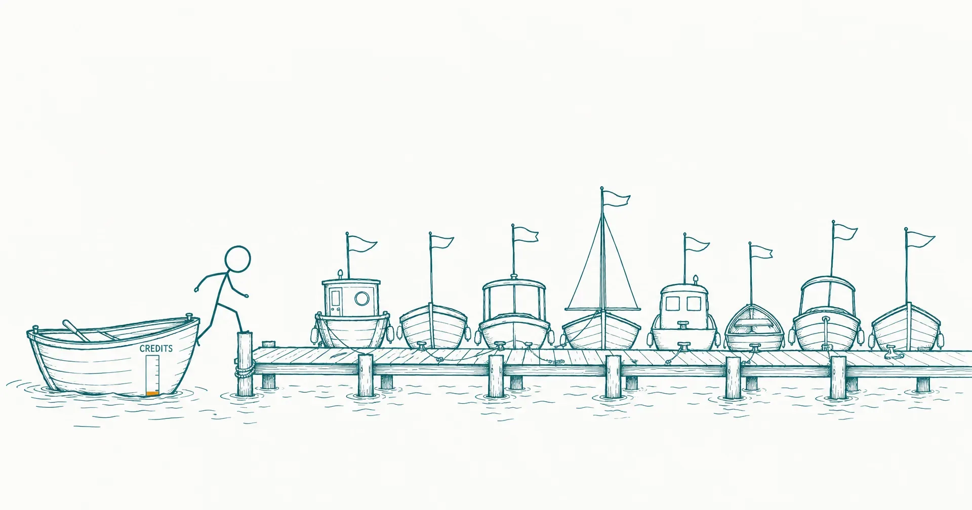Hand-drawn sketch of a person stepping from a small wobbly boat with a drained credit meter onto a dock lined with eight boats, each flying a different flag
