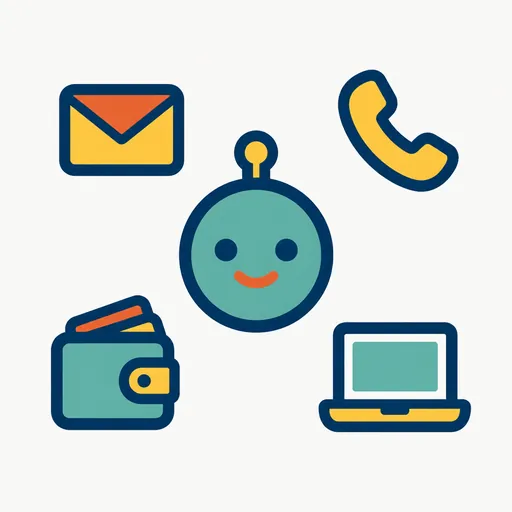 A friendly agent face with an envelope, phone, wallet and laptop around it: an agent with its own identity.
