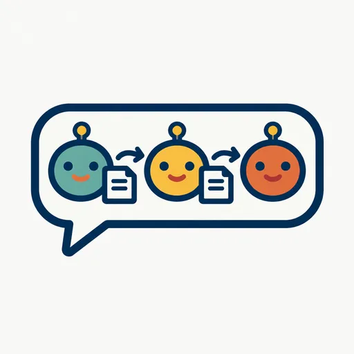 Three agent faces passing a document inside one speech bubble: agents working together.