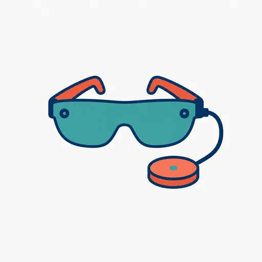 Lightweight VR glasses with a cable running to a round puck.