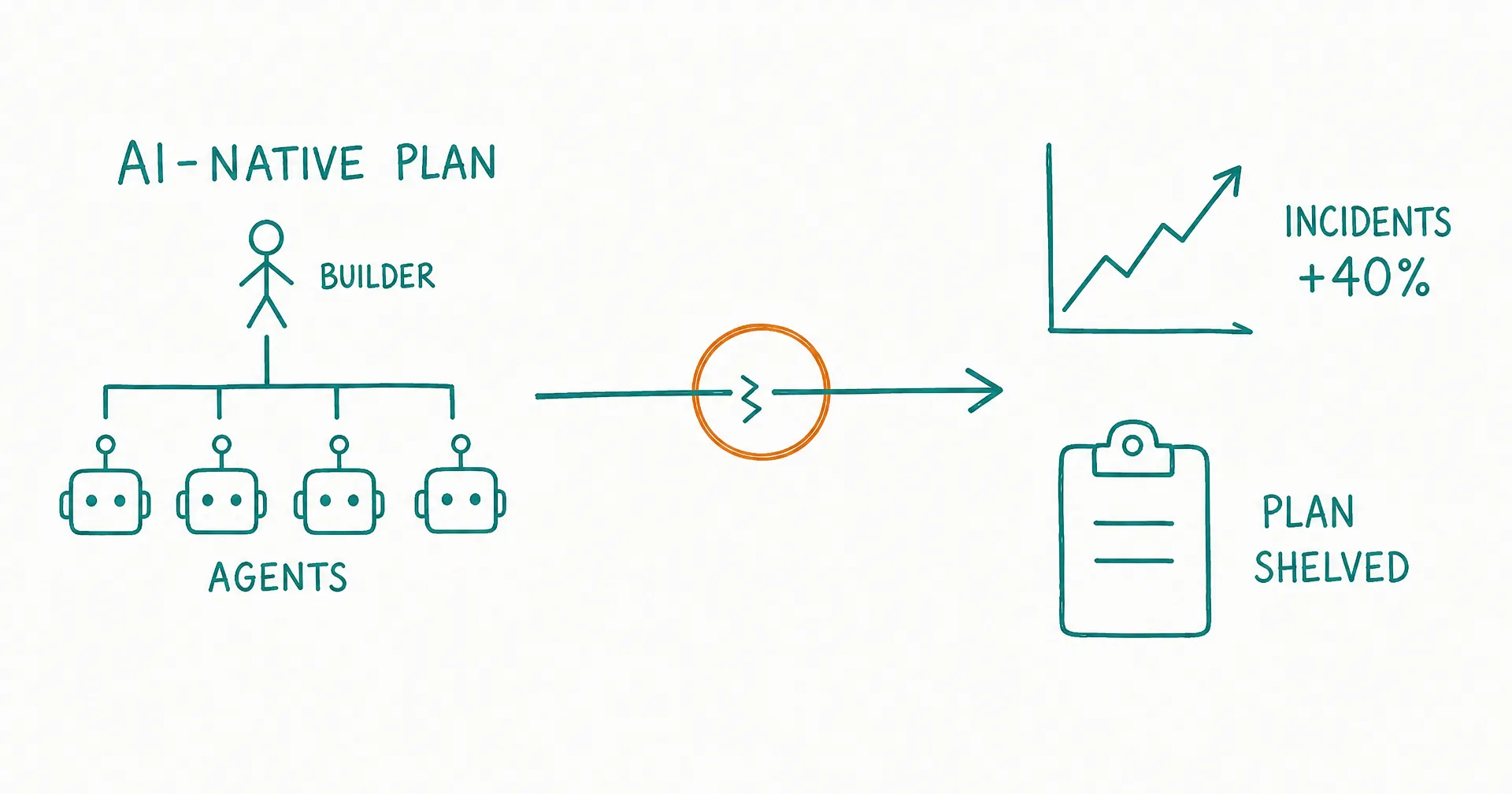 Hand-drawn teal diagram of Meta's AI-native plan, a builder figure above a row of agent glyphs, a broken arrow circled in amber, and a rising incidents line labeled plus 40 percent with a clipboard labeled plan shelved