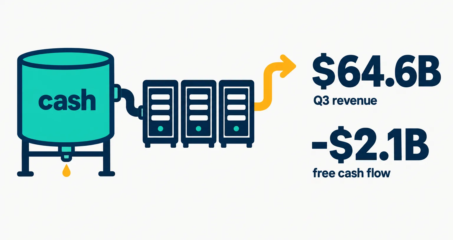Data illustration on a near-white ground: a teal tank labelled cash feeds a row of navy server racks, an amber pipe draws out a little more and a drop leaks below, beside the numbers $64.6B Q3 revenue and -$2.1B free cash flow