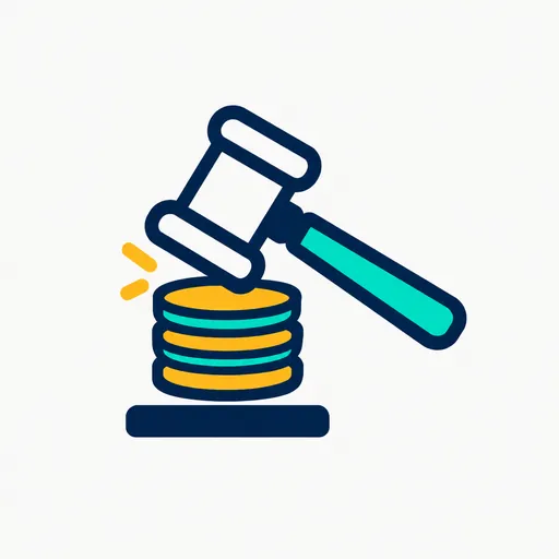 A gavel resting on a stack of coins.