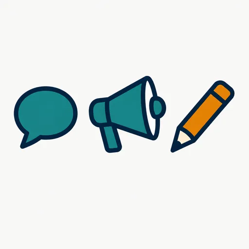 A speech bubble, megaphone and pencil: content, marketing, support.