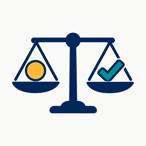 A balance scale with a coin on one side and a checkmark on the other.