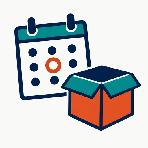 A calendar page with one day circled beside an open cardboard box, standing for a same-day open release.