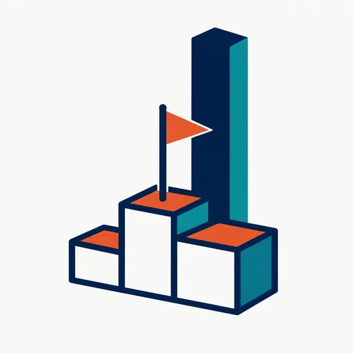 A three-step podium with a rust flag on the top step and a taller navy bar standing behind it, standing for first among open weights with closed models still ahead.