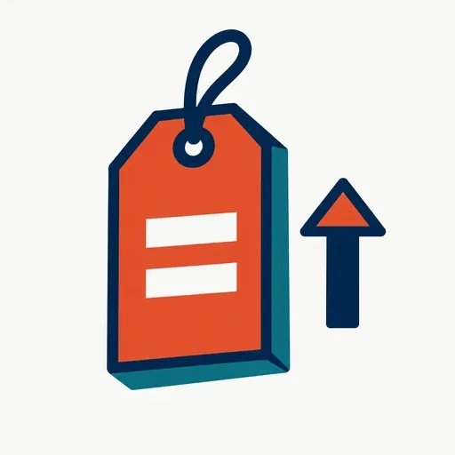 A hanging price tag with an equals sign on its face beside a small upward arrow, standing for a price held flat while capability rose.