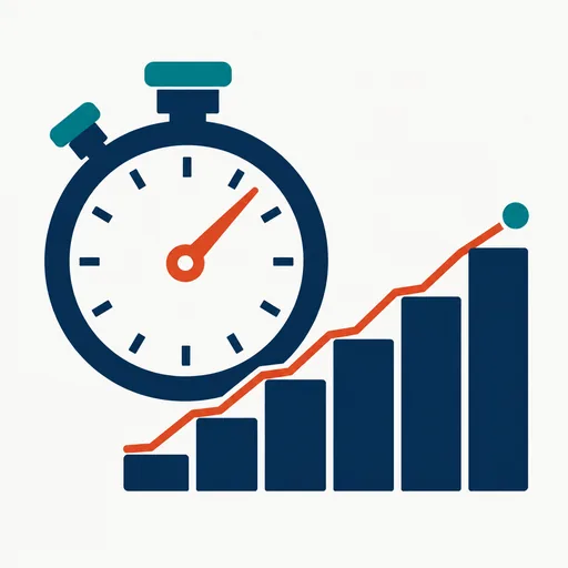A stopwatch with a rust hand beside six ascending navy steps with a climbing line, standing for six days of live reinforcement learning.