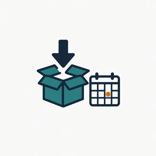 A download arrow into an open box beside a calendar with one day marked.