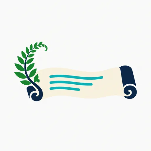 A fern frond beside a long unrolled scroll.