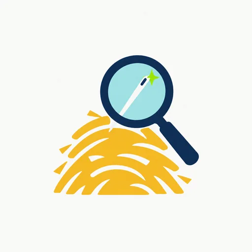 A magnifying glass over a haystack with a needle.