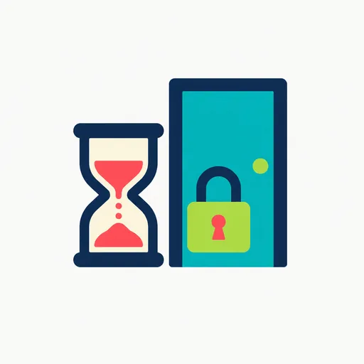 An hourglass beside a locked door.