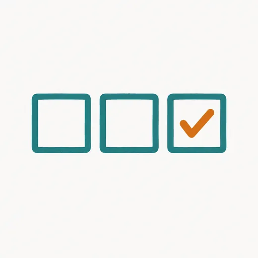 Three numbered squares in a row with a checkmark on the third: describe, review, directory.