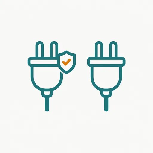 Two plugs side by side, one with a small shield badge and one without: reviewed and unreviewed connectors.