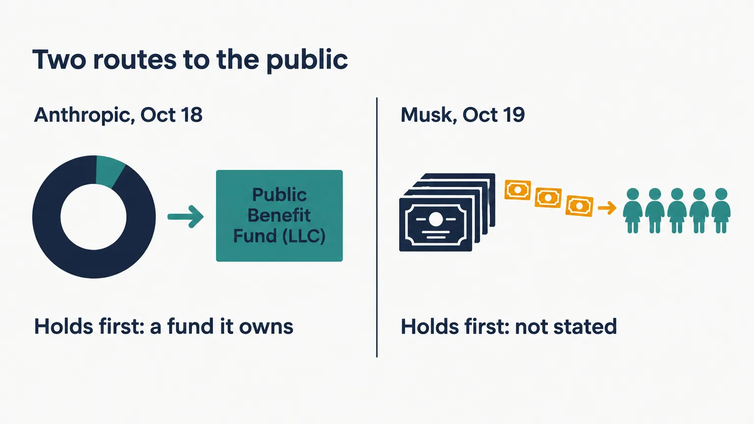 Data illustration comparing Anthropic, 5% of shares held first by a wholly owned LLC, with Musk, one share per kid, holder not stated