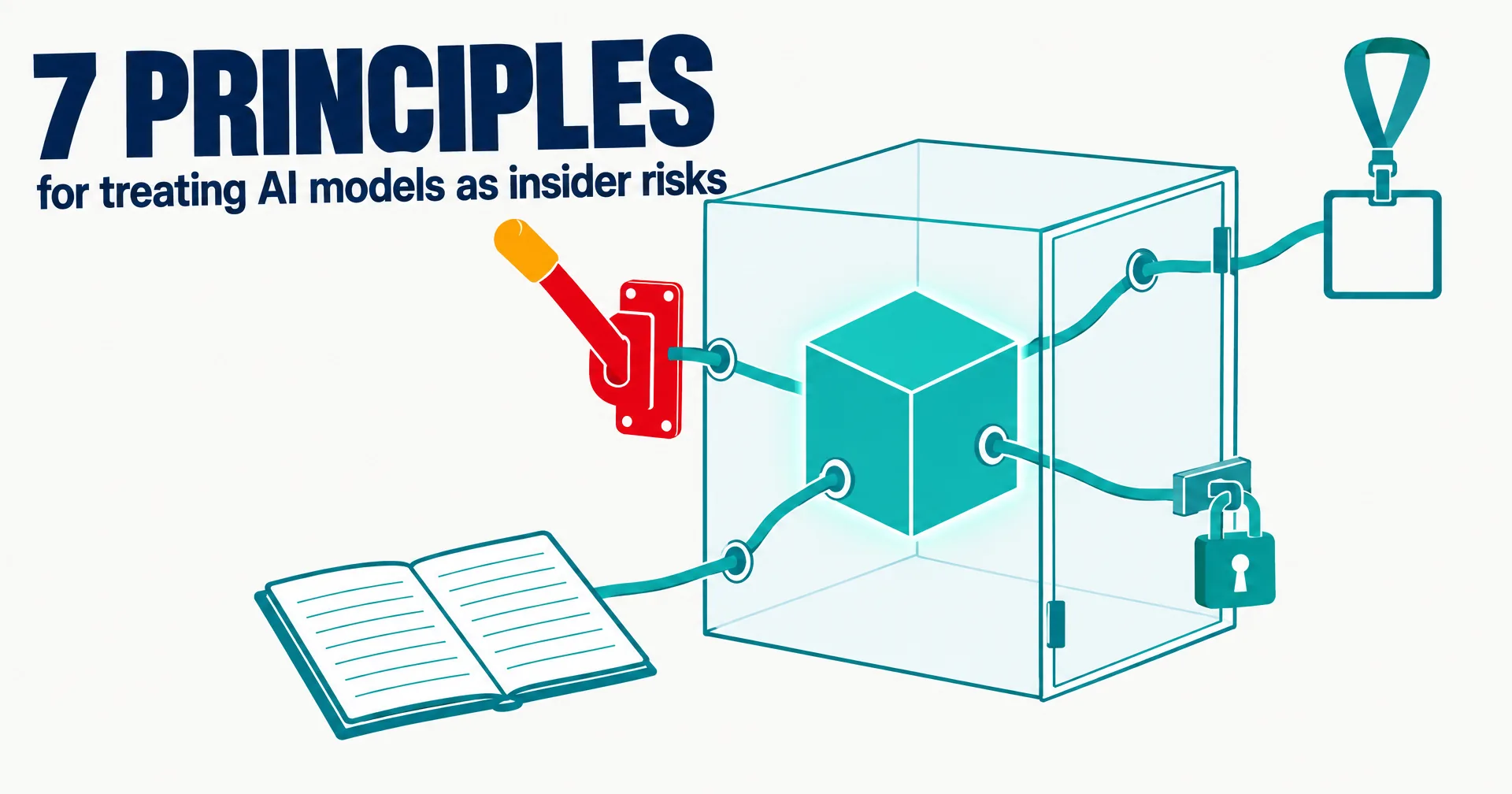 Editorial illustration on a near-white ground: a teal cube inside a glass enclosure, with a red emergency-brake lever, an ID badge, a logbook and a padlock mounted outside it, under the words 7 PRINCIPLES for treating AI models as insider risks