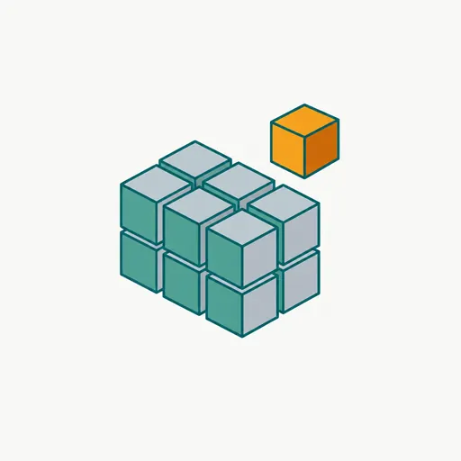 A block of teal and grey cubes with one amber cube lifted out: a large model that uses a small part of itself per token.