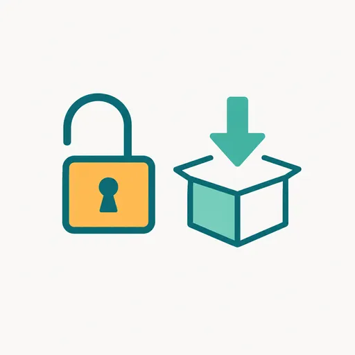 An open padlock beside a download arrow going into a box: open weights you can download.
