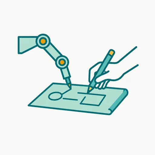 A robot arm and a human hand drawing on the same blueprint: AI and researchers building together.