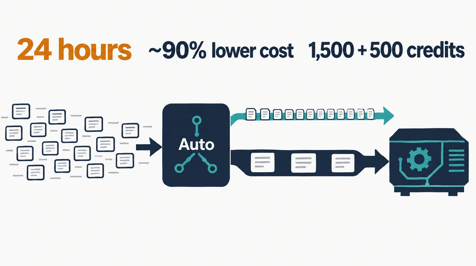 Data illustration on a near-white ground: task cards flowing into a router labeled Auto that splits them into a small fast lane and a large capable lane, under the figures 24 hours, about 90% lower cost and 1,500 + 500 credits