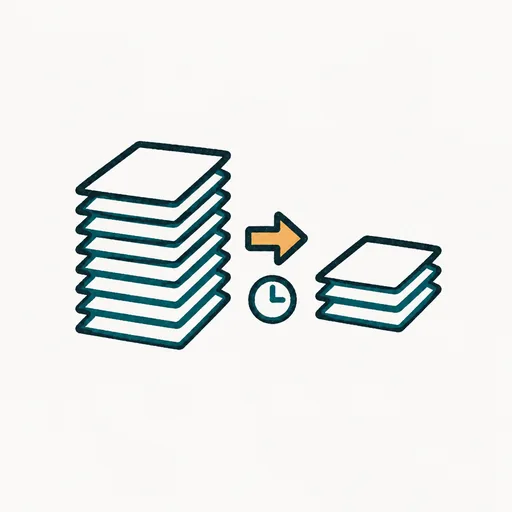 A tall stack of paper shrinking to a shorter stack, with a small clock beside it: a million lines cut in nineteen hours.