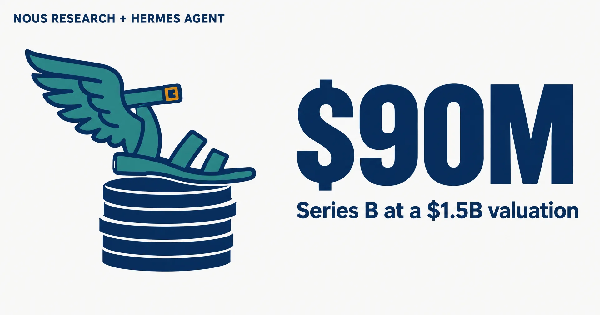 Data illustration on off-white paper: a winged teal sandal standing on a stack of navy coins, beside a large $90M and the words Series B at a $1.5B valuation