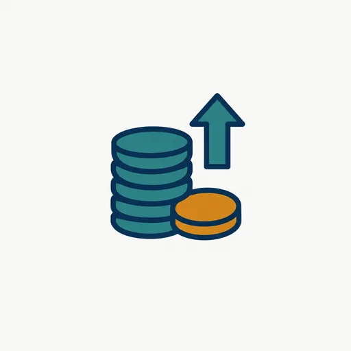A stack of coins with an upward arrow: a $90 million round.