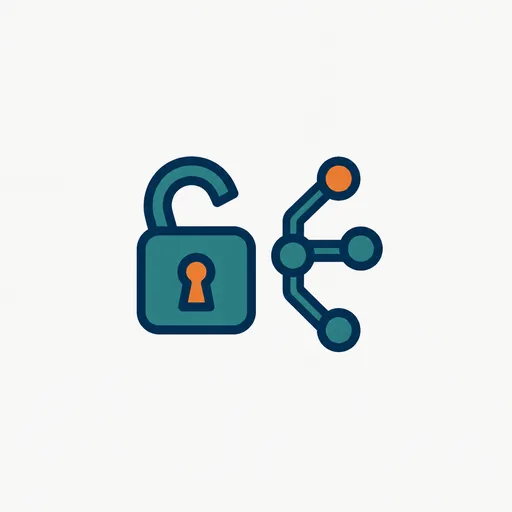 An open padlock beside a code fork: open-source software.