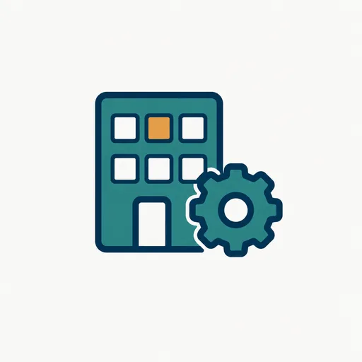 A small office building with a gear: software for businesses.
