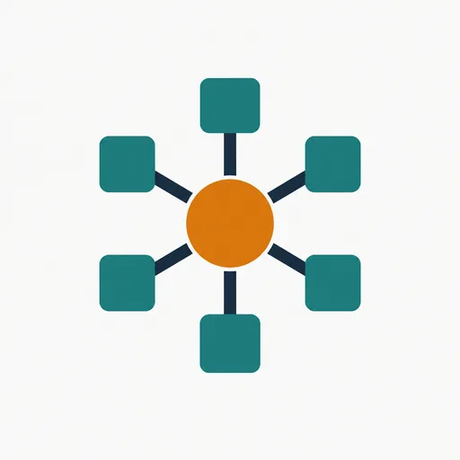 Six squares linked to one central circle.